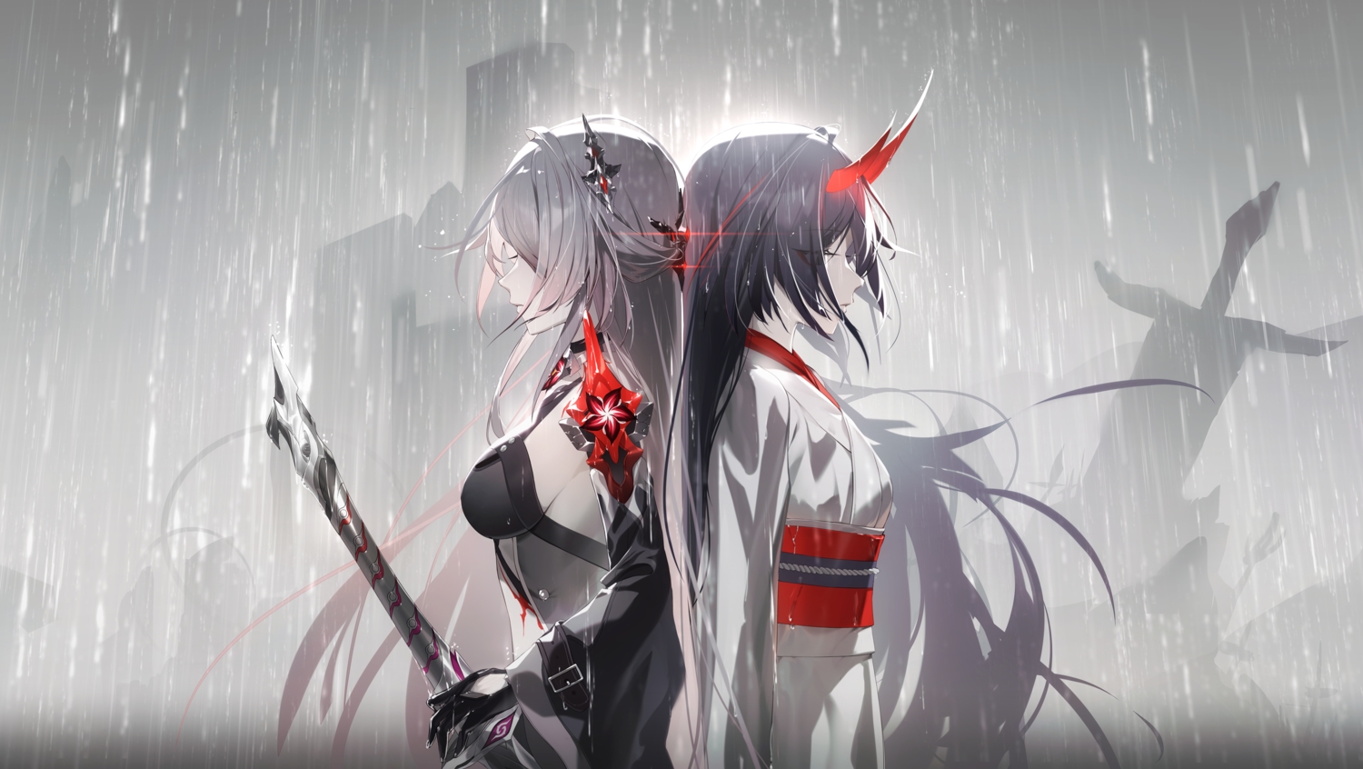 2girls, acheron_(honkai:_star_rail), black_hair, choker, gloves, gray_eyes, honkai_(series), honkai:_star_rail