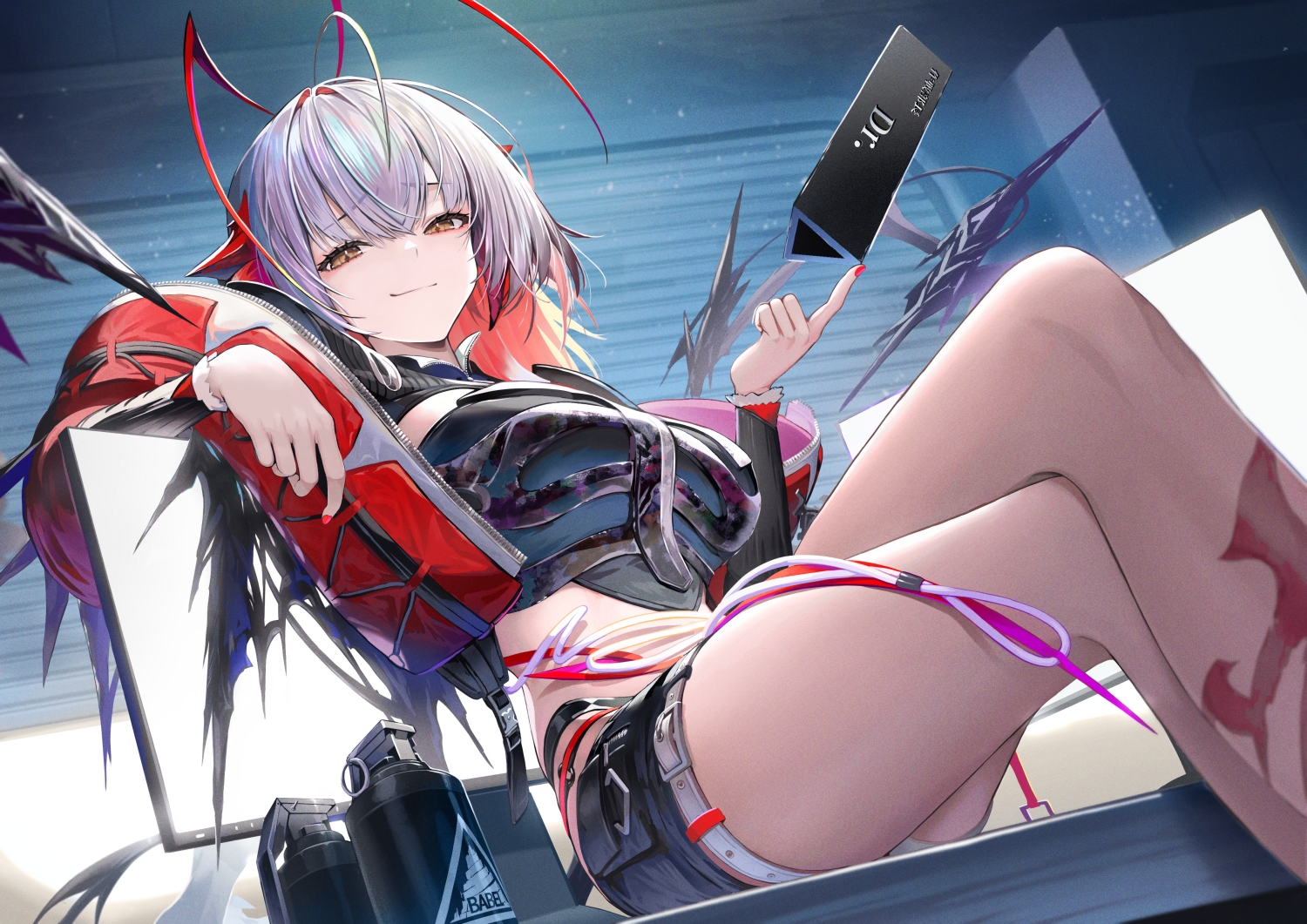 arknights, brown_eyes, computer, garter, gray_hair, horns, pi_(p77777778), short_hair