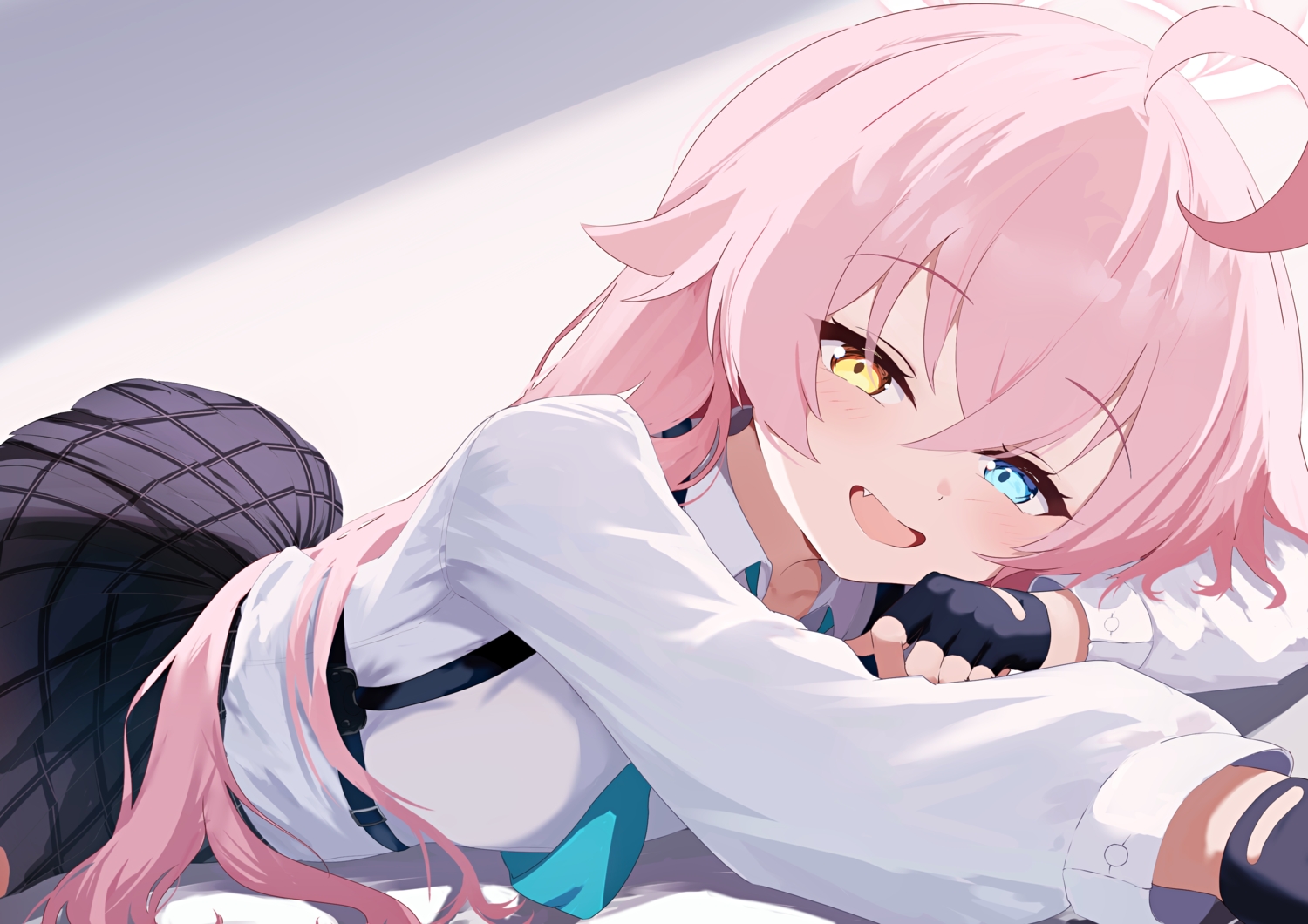 bicolored_eyes, blue_archive, blush, close, fang, gloves, halo, long_hair