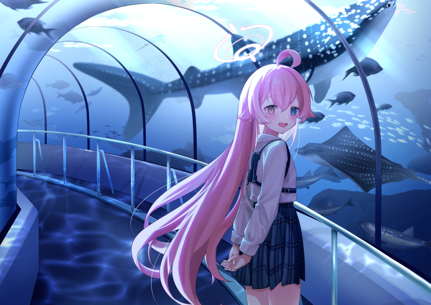 animal, bicolored_eyes, blue_archive, blush, fang, fish, halo, long_hair, nifuji, pink_hair, school_uniform, shirt, skirt, takanashi_hoshino, underwater, water