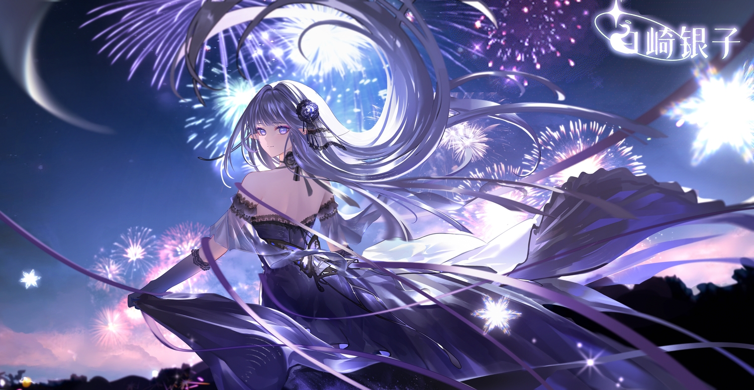 aliasing, choker, clouds, dress, elbow_gloves, fireworks, gloves, long_hair, night, original, pointed_ears, purple_eyes, purple_hair, ribbons, sky, v-von, watermark