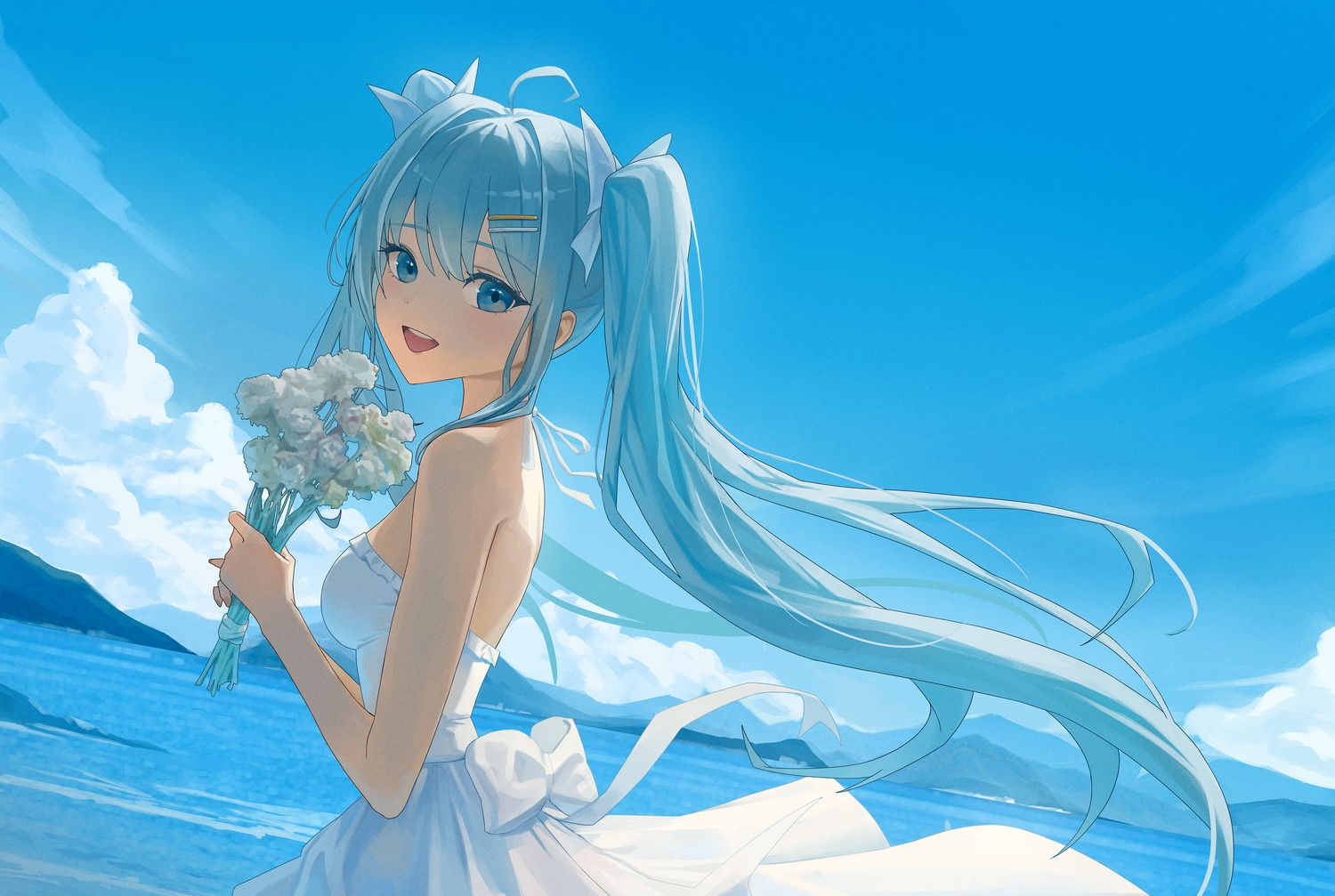aqua_eyes, aqua_hair, arahashi_tabi, bow, clouds, dress, flowers, long_hair, sky, stellive, summer_dress, sunj000, twintails, water