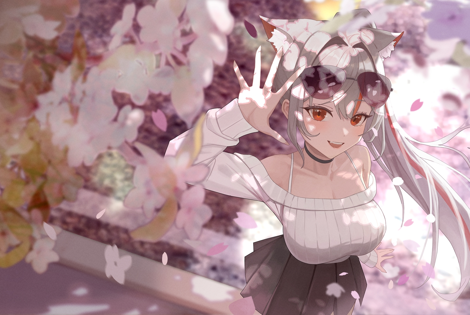 animal_ears, breasts, catgirl, cherry_blossoms, choker, cleavage, flowers, gray_hair