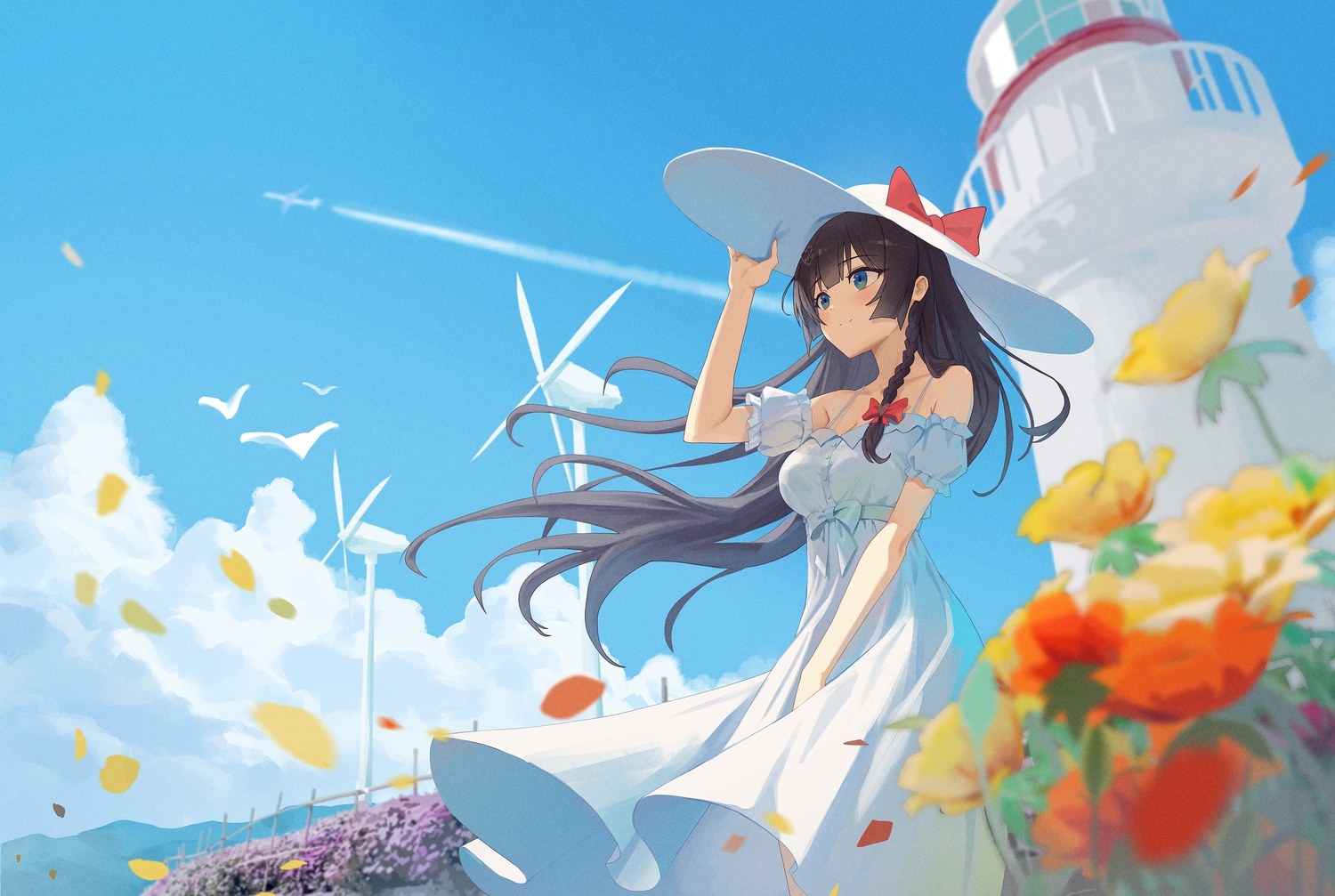 black_hair, blue_eyes, bow, braids, breasts, cleavage, clouds, flowers