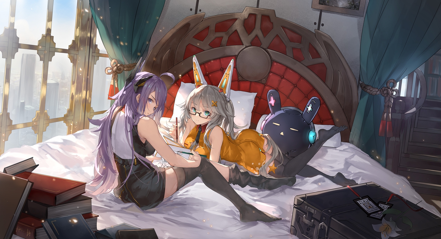 2girls, animal_ears, aqua_eyes, ass, bed, book, building, city