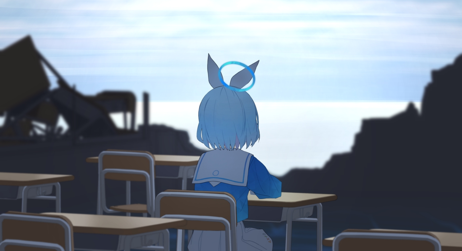 anohito401, arona_(blue_archive), blue_archive, blue_hair, clouds, halo, loli, ruins