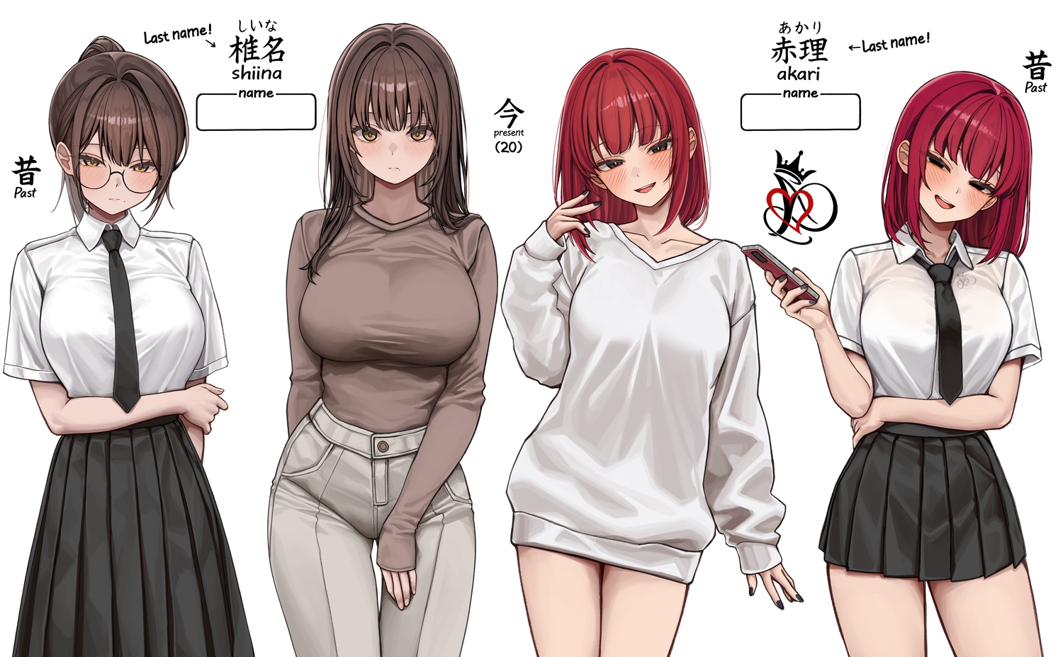2girls, black_eyes, blush, breasts, brown_eyes, brown_hair, dress, glasses, gwan-e, long_hair, original, ponytail, red_hair, school_uniform, see_through, shirt, short_hair, skirt, tattoo, tie, white, yellow_eyes