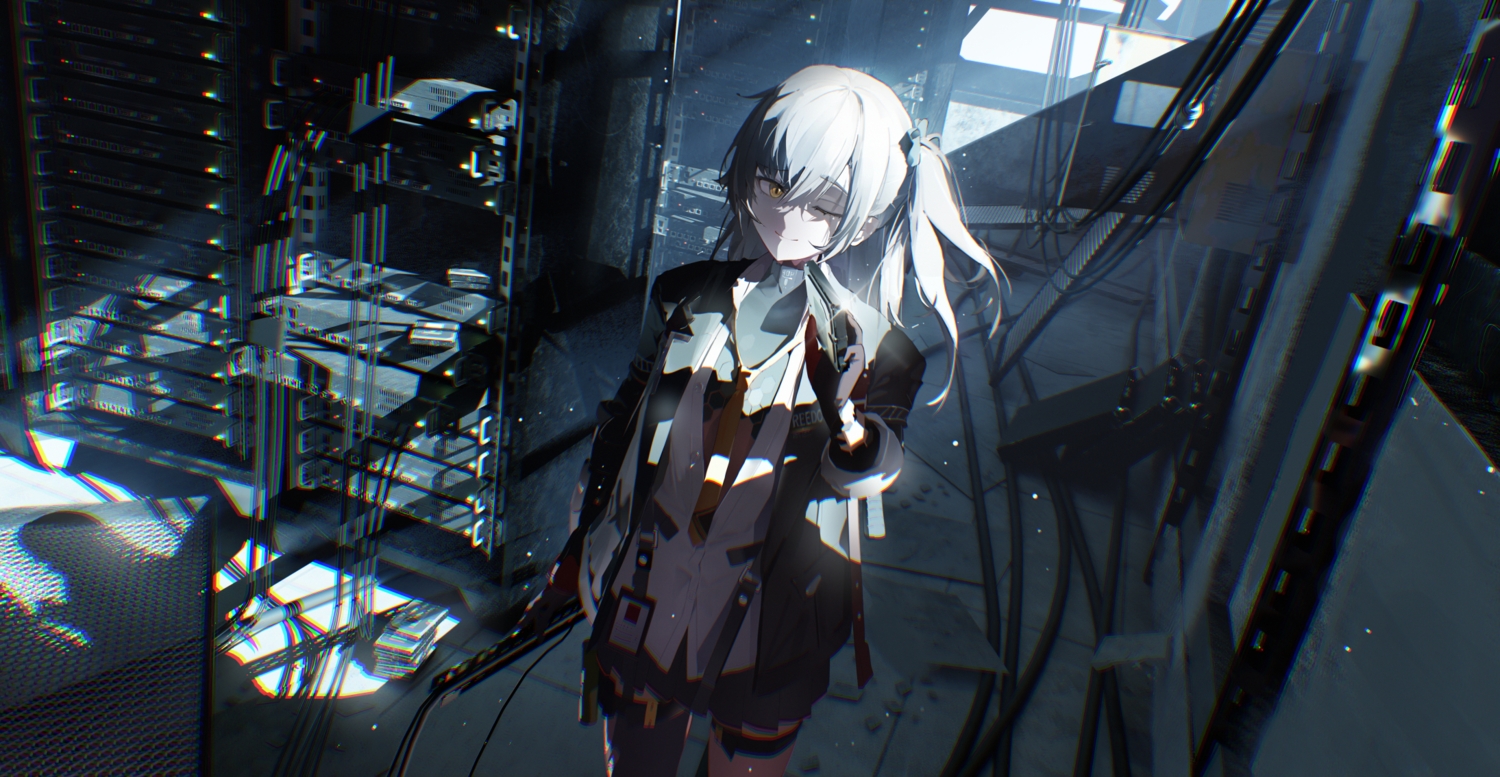 brown_hair, computer, dark, fashi_laizi_weilai, garter, garter_belt, girls_frontline, girls_frontline_2, gloves, industrial, leva_(girls_frontline_2), long_hair, ponytail, scar, school_uniform, shirt, skirt, stockings, tie, ump-45_(girls_frontline), wink, yellow_eyes