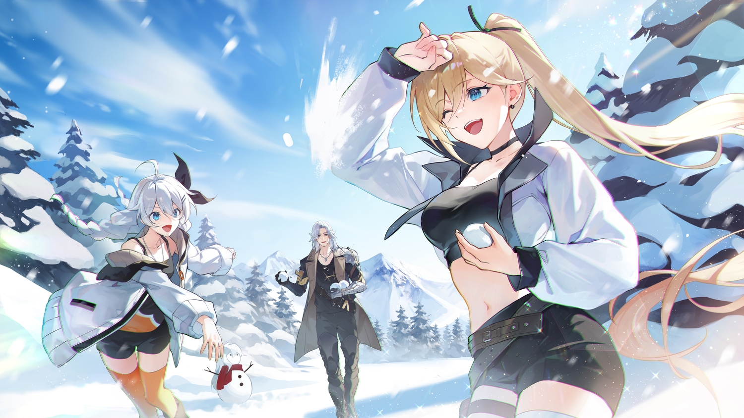 armor, blonde_hair, blue_eyes, boots, braids, choker, clouds, durandal_(honkai_impact)