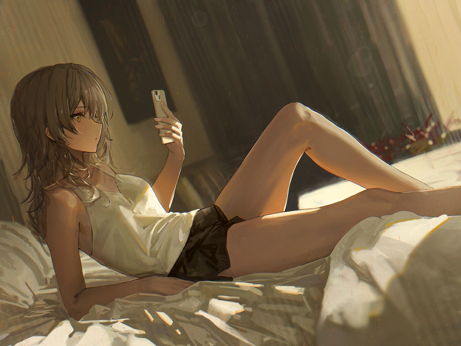 bed, gray_hair, hidulume, honkai_(series), honkai:_star_rail, long_hair, phone, shorts, stelle_(honkai:_star_rail), trailblazer_(honkai:_star_rail), yellow_eyes