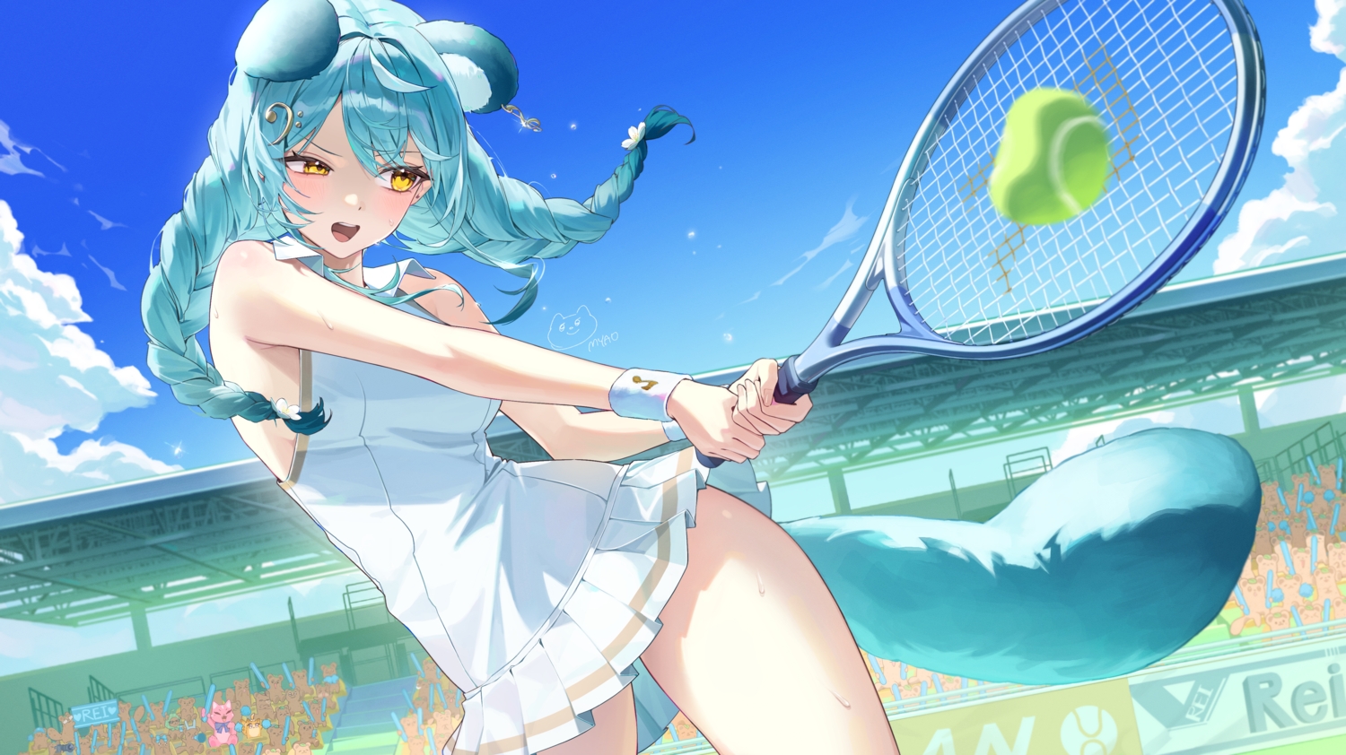 animal_ears, aqua_hair, ball, blush, braids, clouds, dress, kirali_(meridian_project)