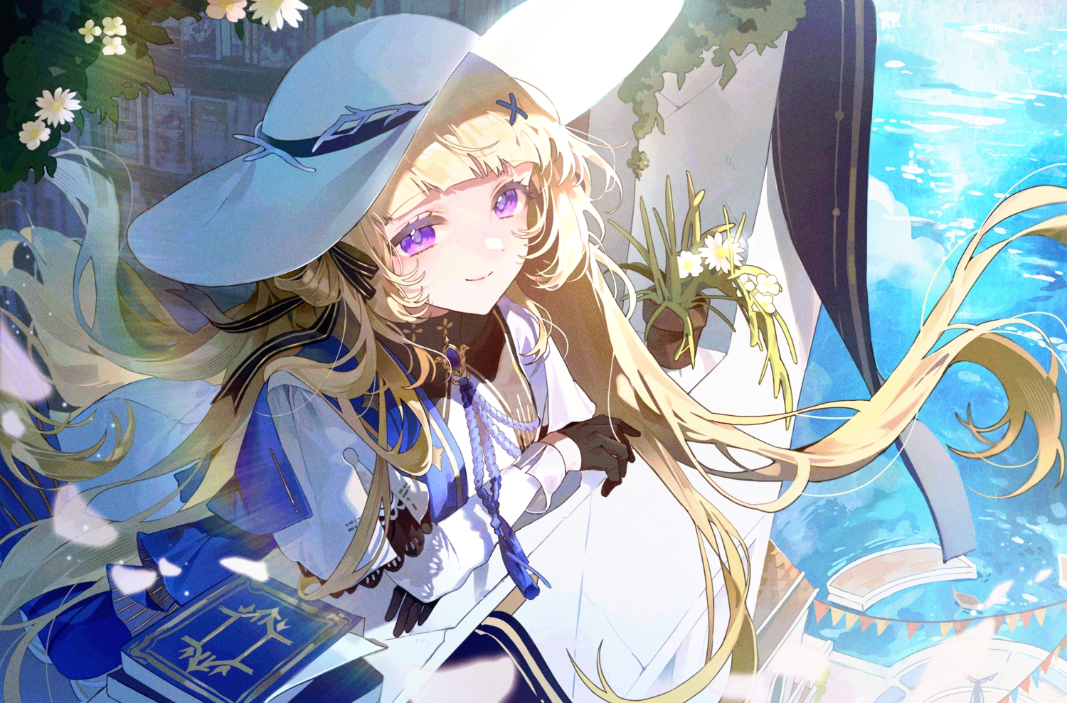 blonde_hair, book, bow, dress, flowers, fsuusux, gloves, hat, long_hair, phoebe_(wuthering_waves), purple_eyes, ribbons, water, wuthering_waves