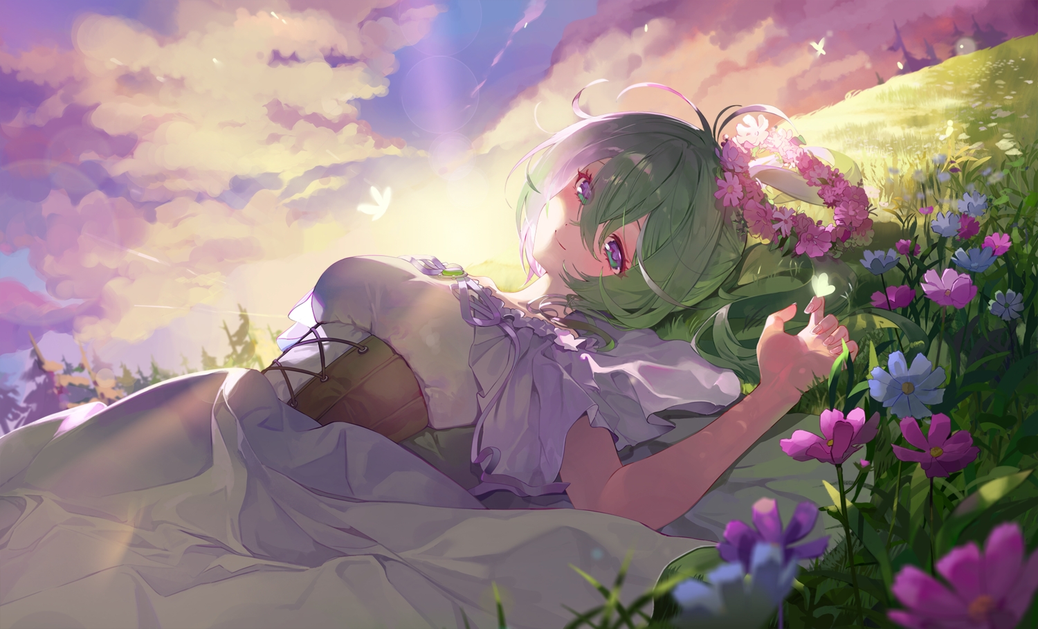 blush, bow, butterfly, clouds, corset, dotori_(seulseul), dress, flowers