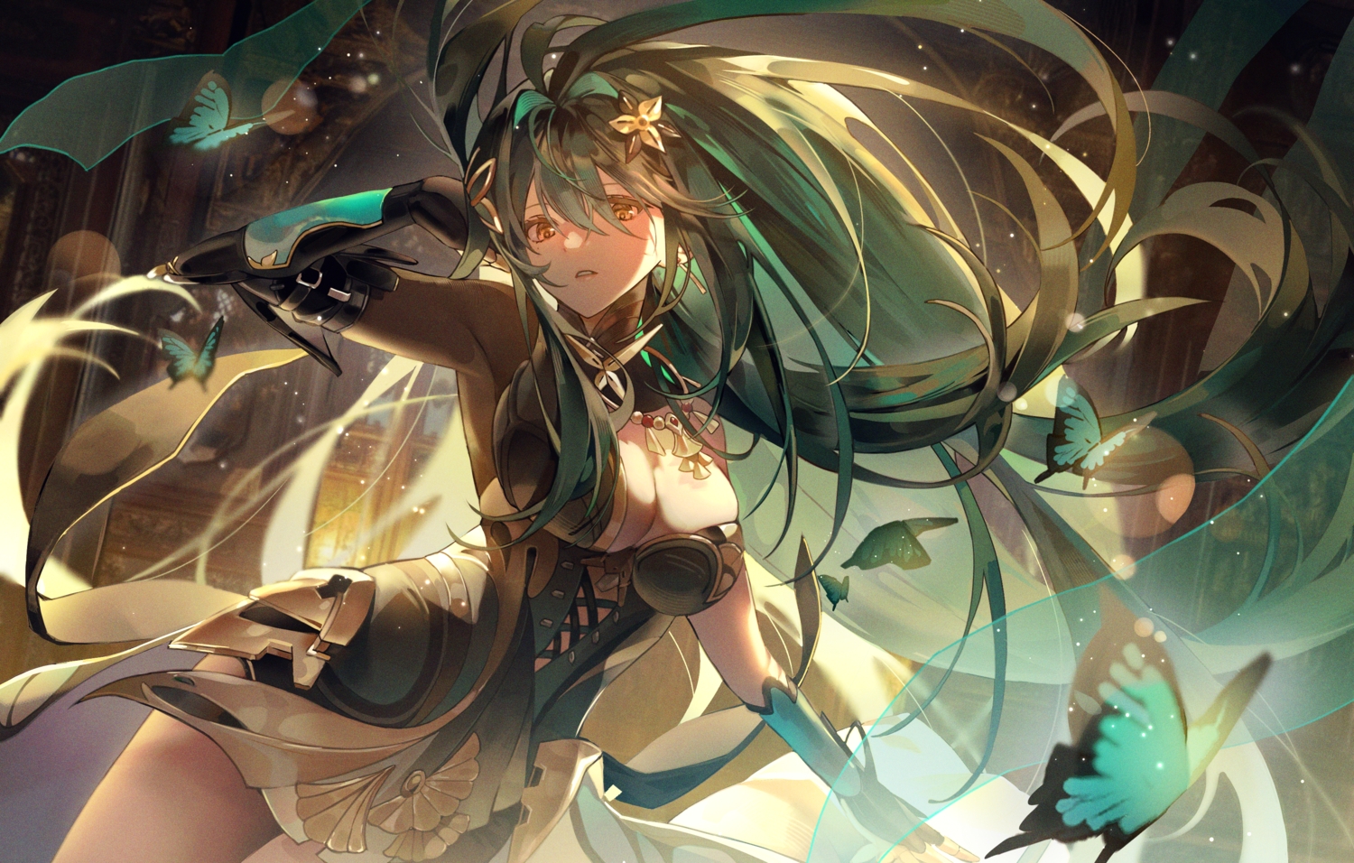 black_hair, breasts, butterfly, cleavage, dress, elbow_gloves, fsuusux, gloves, hanying_(pgr), long_hair, orange_eyes, punishing:_gray_raven