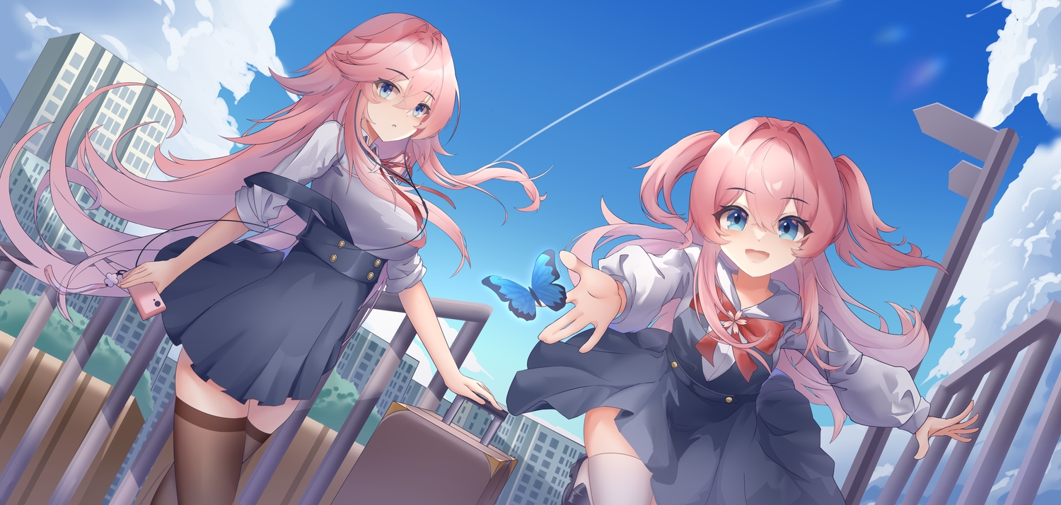 2girls, blue_eyes, bow, building, butterfly, city, clouds, connexion