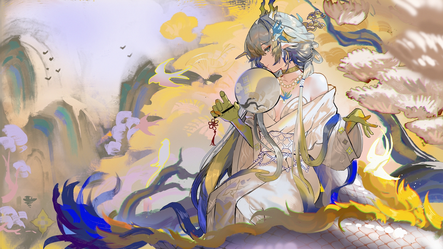 animal, aqua_eyes, arknights, bird, choker, fan, horns, long_hair
