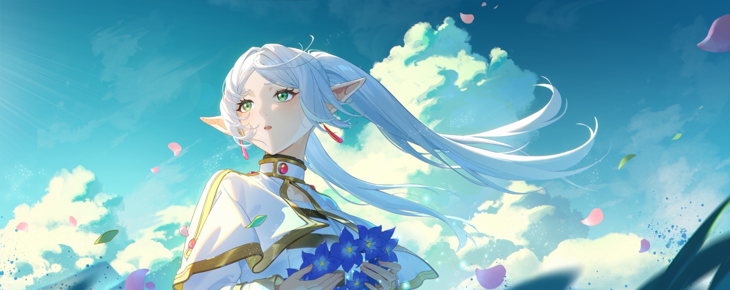 cape, close, clouds, flowers, frieren, green_eyes, headdress, long_hair