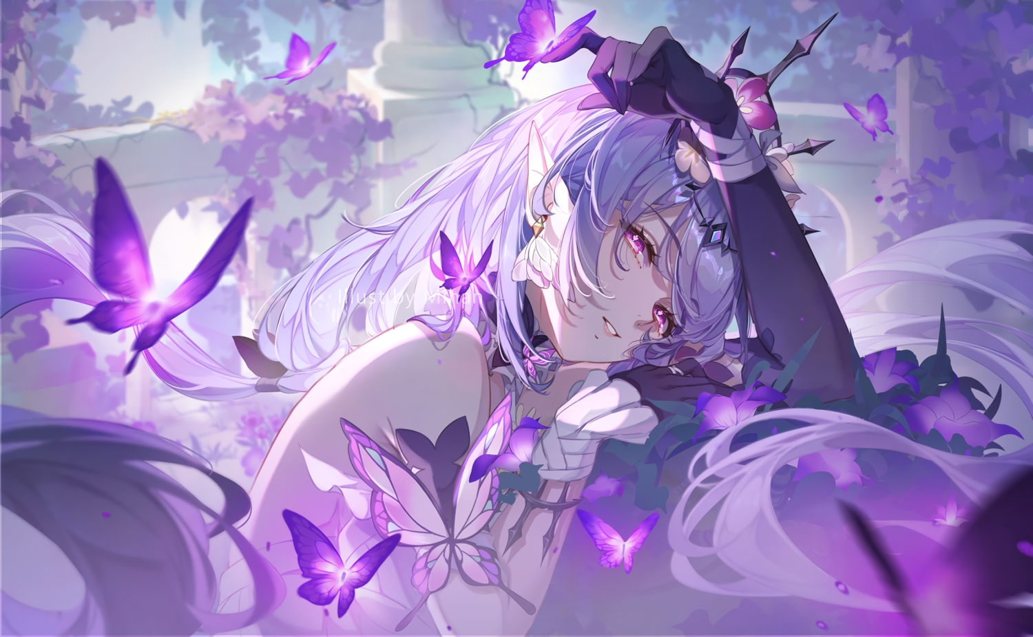 butterfly, castorice_(honkai:_star_rail), elbow_gloves, flowers, gloves, headdress, honkai_(series), honkai:_star_rail, long_hair, mihan_(mihan_art), purple, purple_eyes, purple_hair, watermark