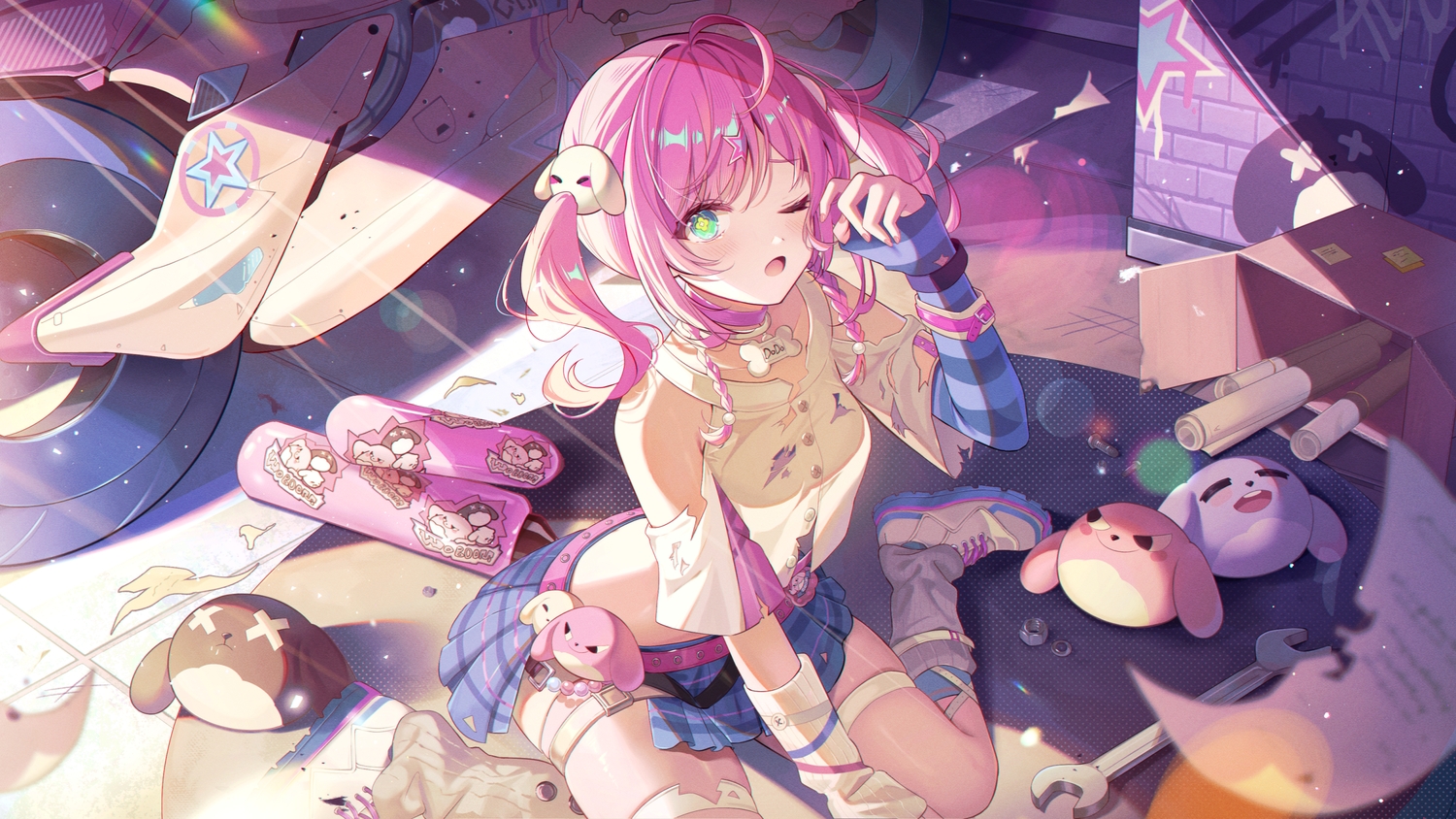 adodol_(chasing_kaleidorider), blush, braids, chasing_kaleidorider, choker, collar, elbow_gloves, garter