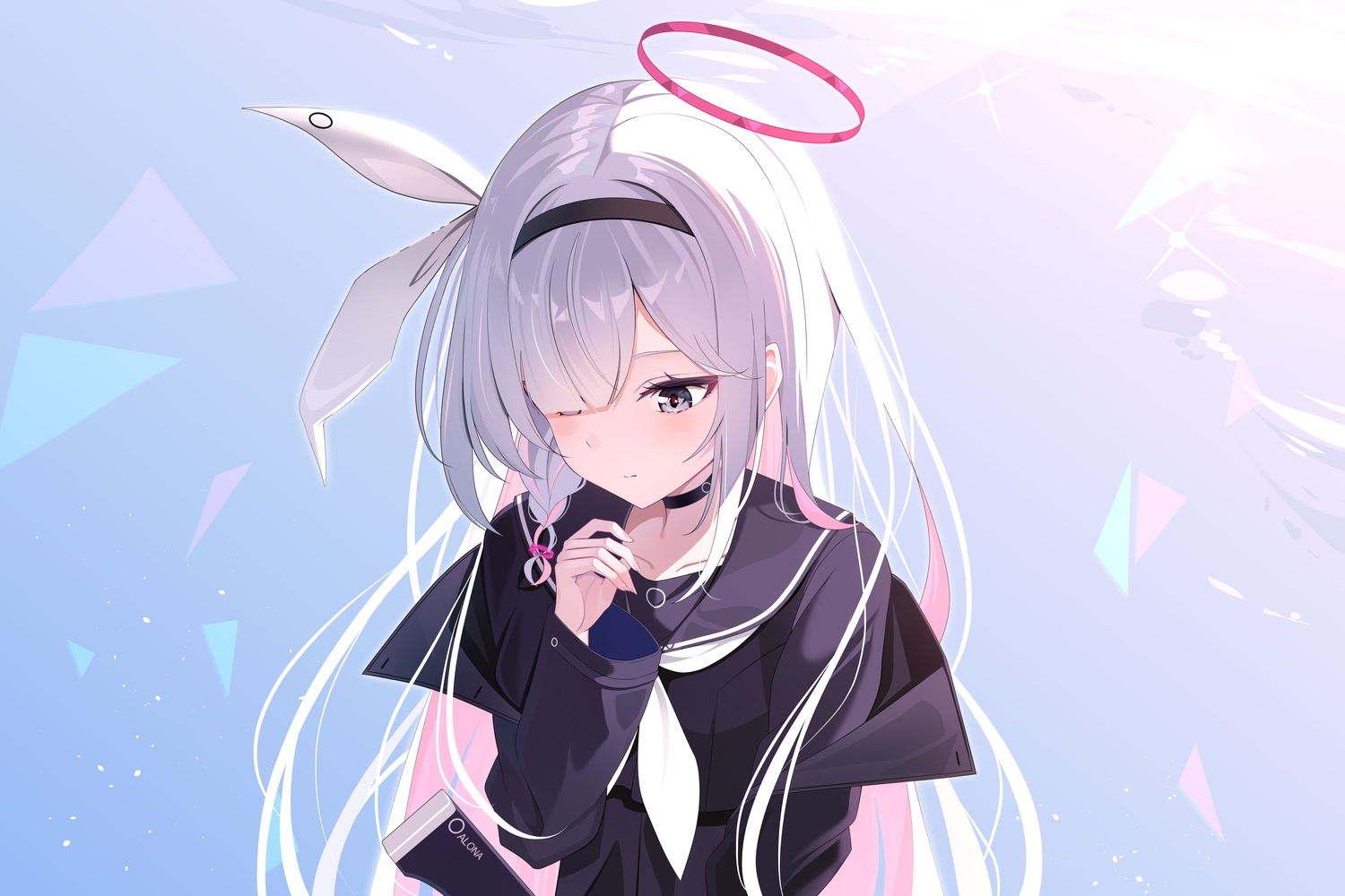 aliasing, blue_archive, braids, choker, close, gradient, gray_eyes, gray_hair
