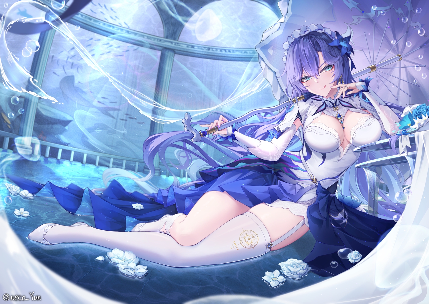 animal, breasts, bubbles, cantarella_(wuthering_waves), cleavage, dress, fish, flowers, garter_belt, headdress, long_hair, purple_eyes, purple_hair, signed, stockings, umbrella, water, wuthering_waves, yeosi