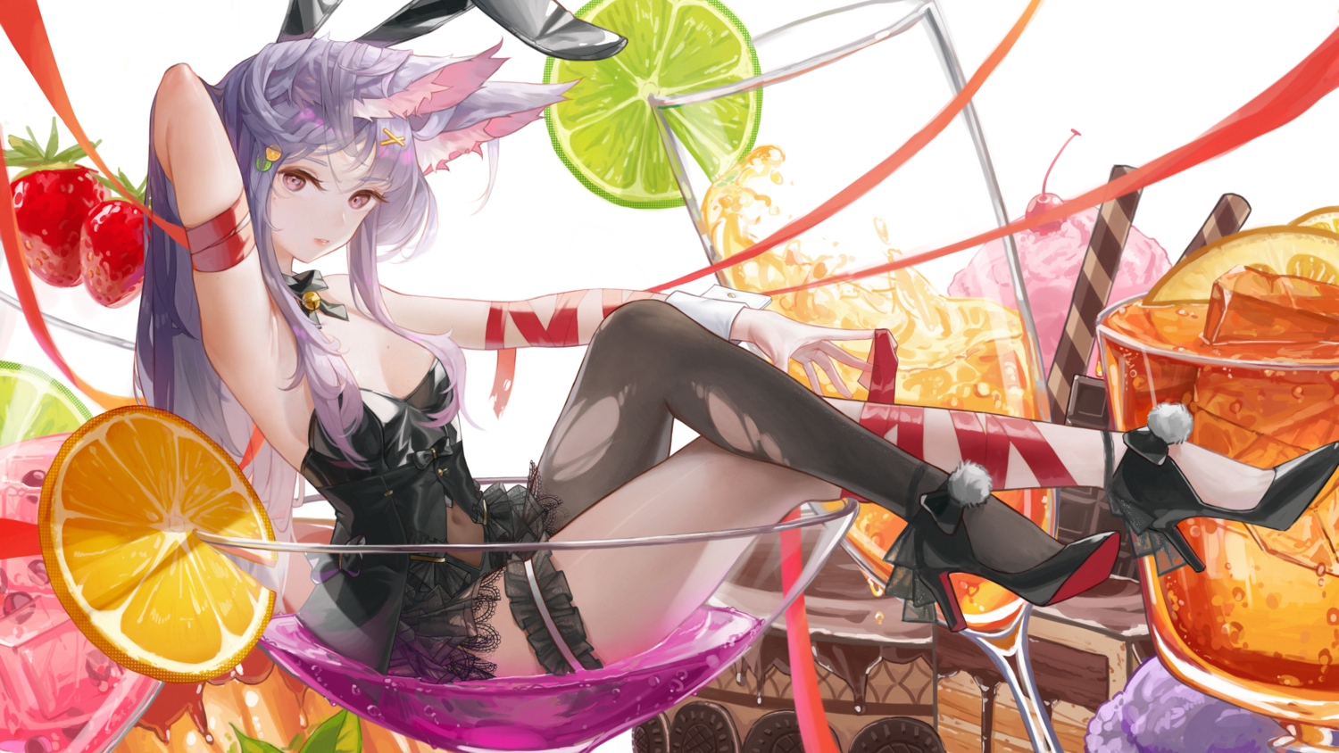 animal_ears, bell, bow, breasts, bunny_ears, bunnygirl, drink, food, fruit, garter, glaw, leotard, long_hair, navel, orange_(fruit), original, pantyhose, pink_eyes, purple_hair, ribbons, see_through, skirt, strawberry, torn_clothes, wristwear