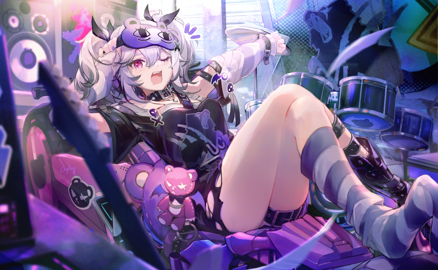 blush, boots, chasing_kaleidorider, collar, csyday, drums, fang, garter