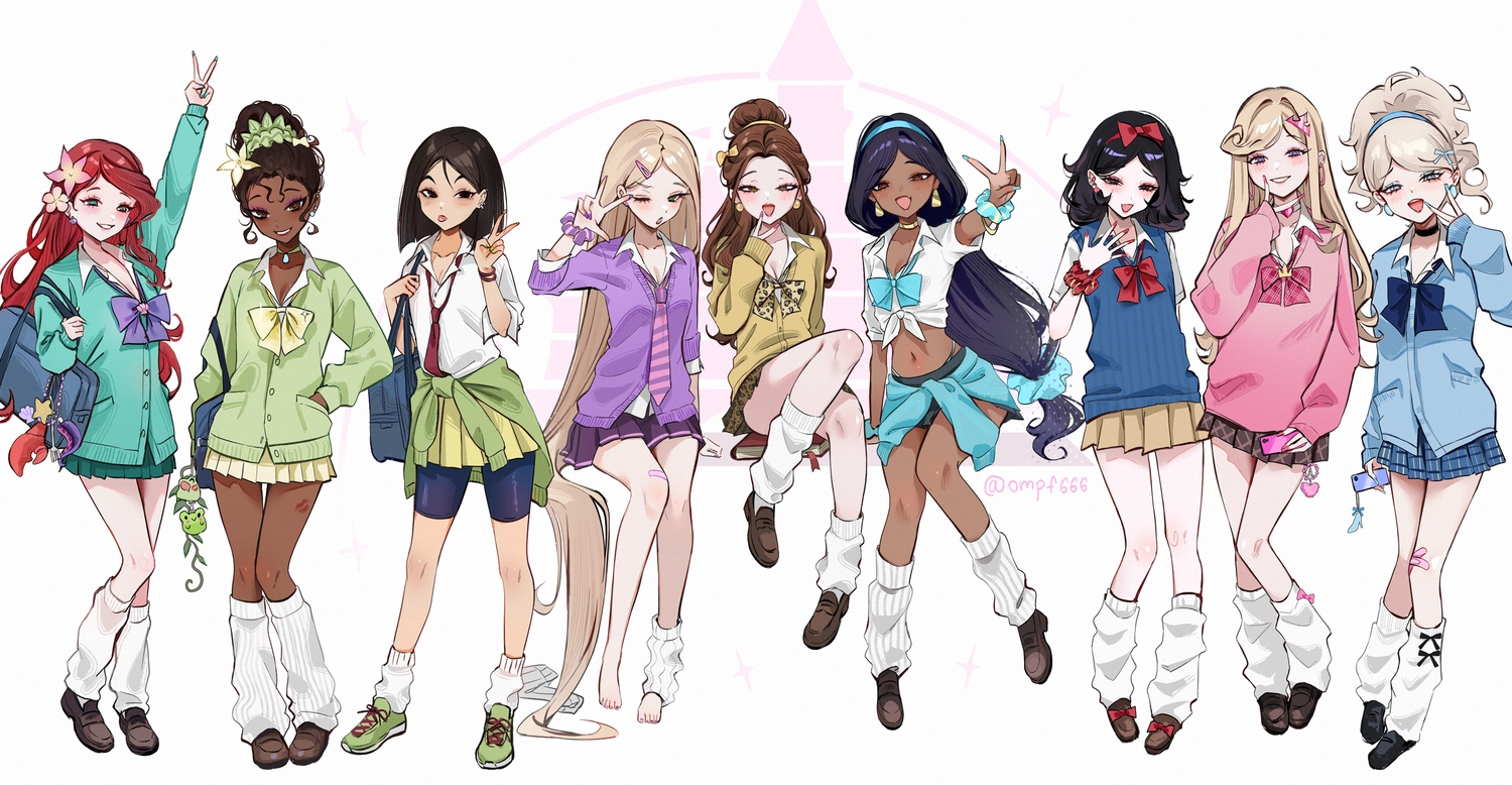 ariel_(disney), aurora_(disney), bandaid, barefoot, belle_(disney), bike_shorts, black_eyes, black_hair, blonde_hair, blue_eyes, blush, book, bow, breasts, brown_eyes, brown_hair, choker, cinderella, cinderella_(disney), cleavage, dark_skin, disney, fa_mulan_(disney), fang, flat_chest, green_eyes, group, headband, jasmine_(disney), long_hair, ompf, phone, rapunzel_(disney), red_hair, school_uniform, shirt, short_hair, shorts, signed, sketch, skirt, snow_white_(disney), socks, tiana_(disney), tie, wink, wristwear