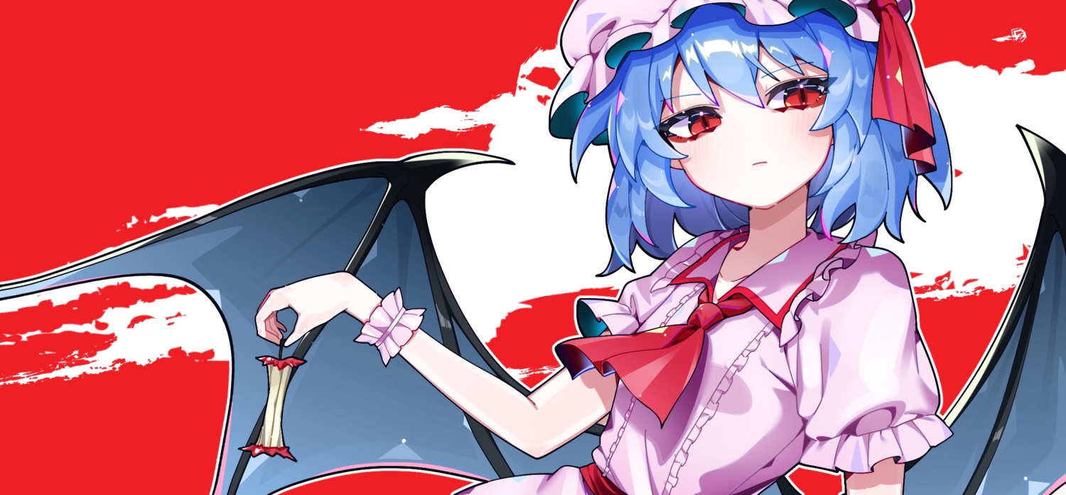 apple, blue_hair, blush, close, dress, food, fruit, hat, loli, red, red_eyes, remilia_scarlet, short_hair, sia_6767, touhou, vampire, wings, wristwear