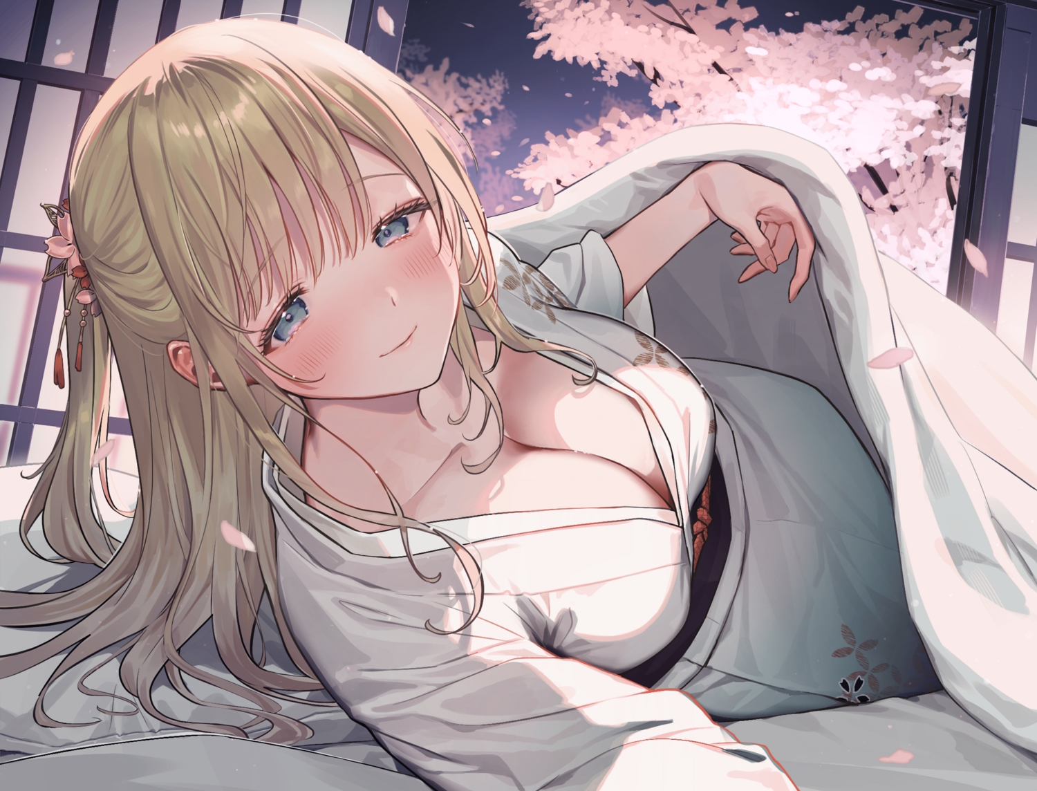 bed, blue_eyes, breasts, brown_hair, cherry_blossoms, cleavage, close, flowers