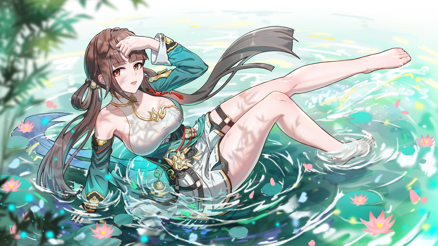barefoot, breasts, brown_eyes, brown_hair, chinese_clothes, cleavage, dress, ermu_(enmmm)