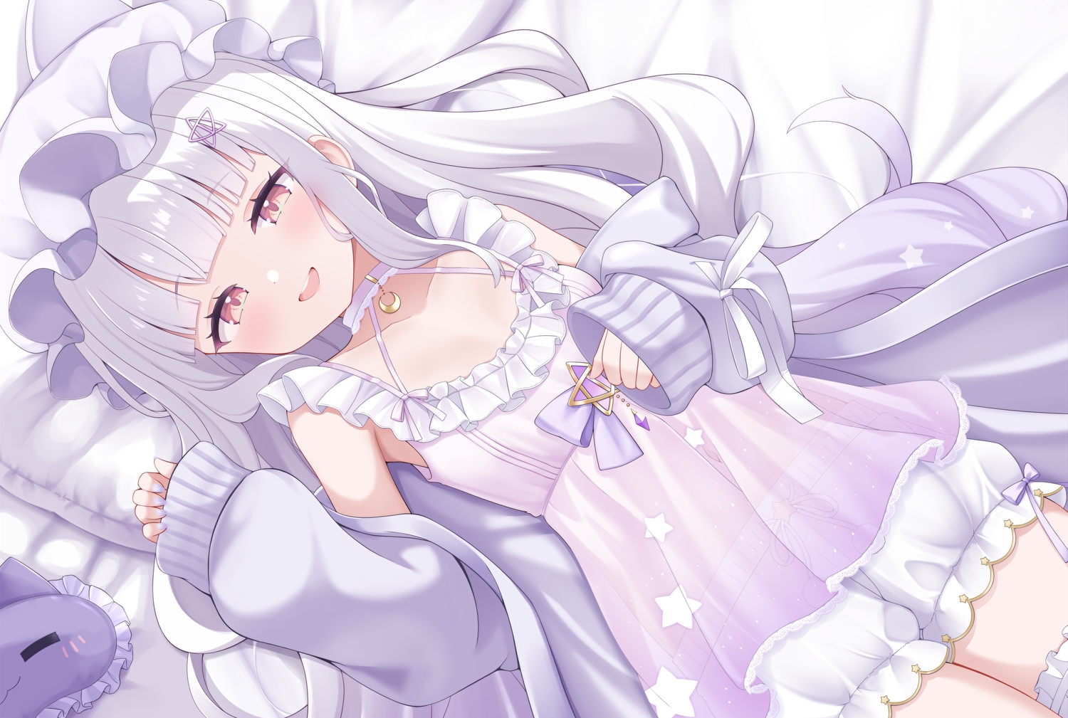 bed, bloomers, blush, bow, choker, cocozasa, flat_chest, garter