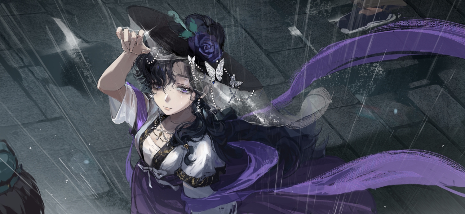 black_hair, chinese_clothes, hat, isolde_(reverse:1999), long_hair, necklace, purple_eyes, rain