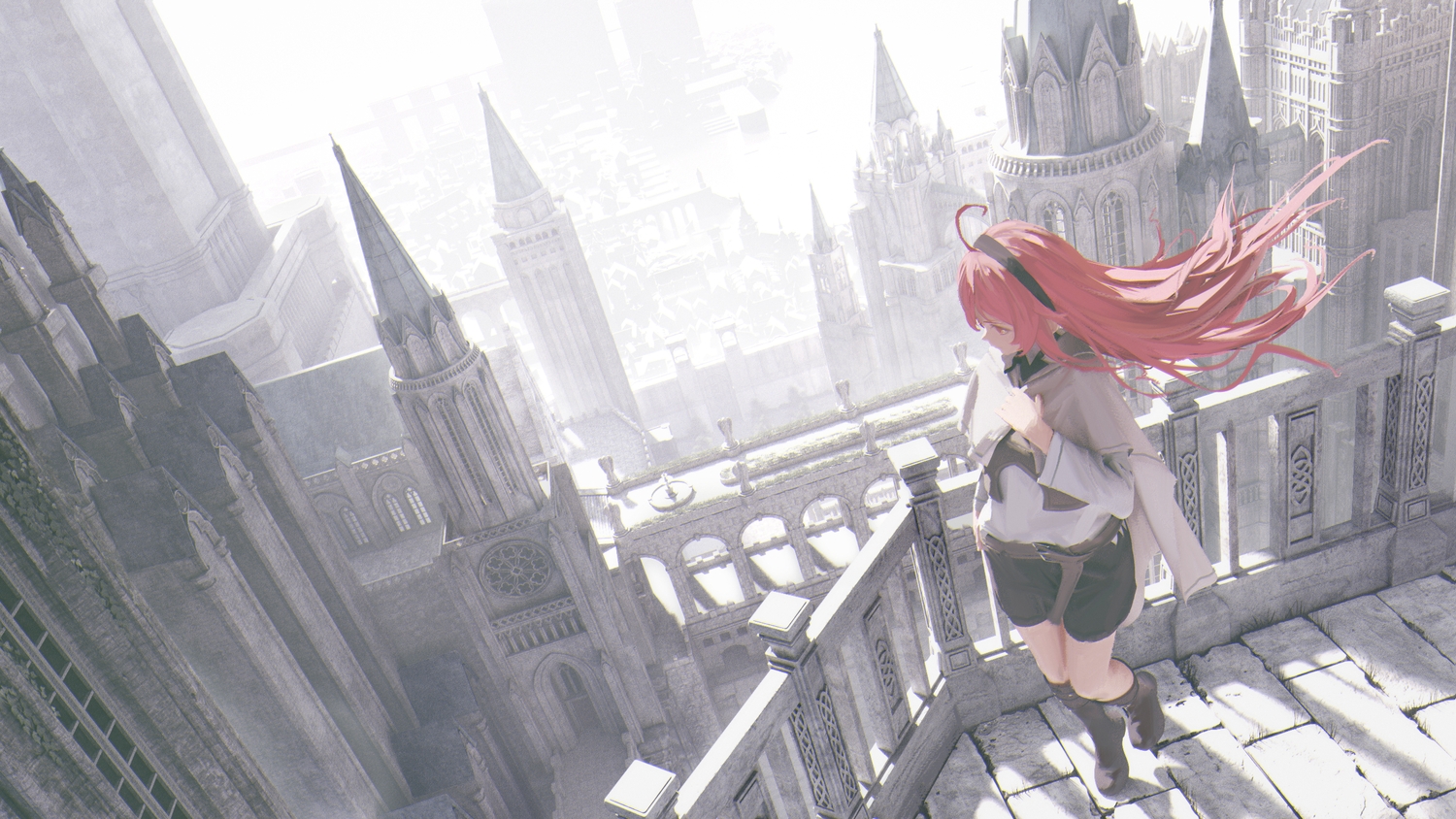 3d, boots, building, cape, city, eris_greyrat, headband, kana_kana_(qq1414933589)
