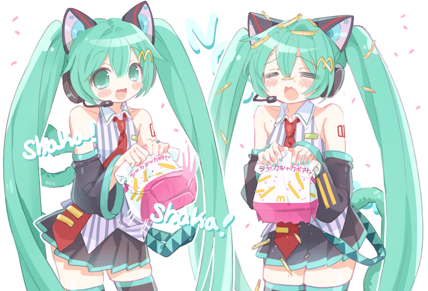 animal_ears, blush, catgirl, fang, green_eyes, green_hair, hatsune_miku, headphones, long_hair, mcdonald's, microphone, mipi_(u3u_00), sketch, skirt, tail, tattoo, thighhighs, tie, twintails, vocaloid, zettai_ryouiki