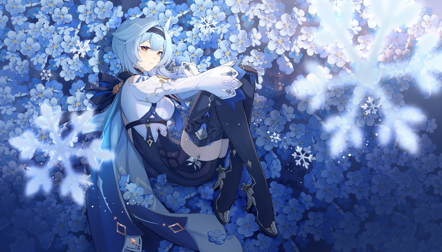 blue_hair, boots, bow, eula_lawrence, flowers, genshin_impact, gloves, headband