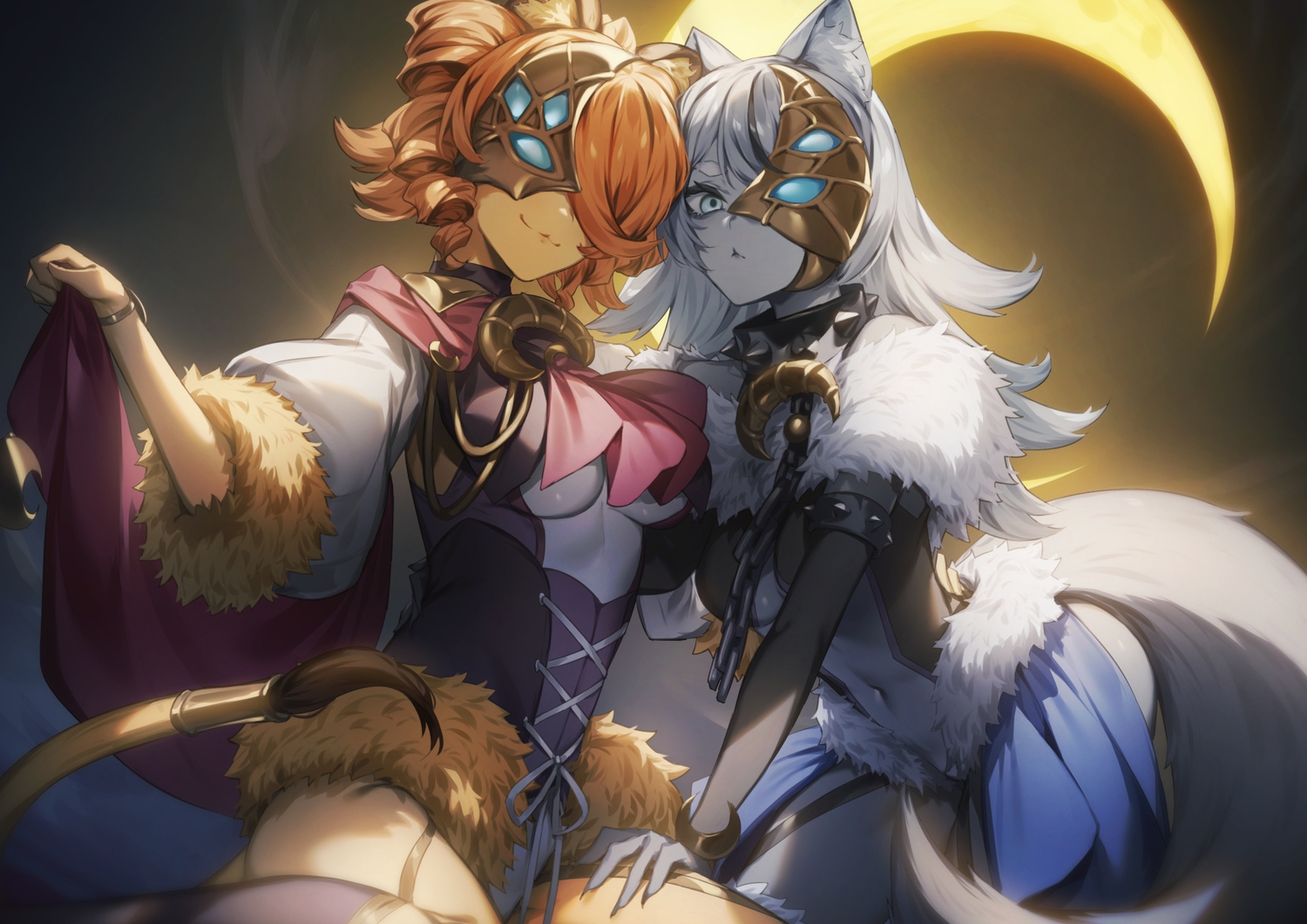 2girls, animal_ears, blue_eyes, cape, catgirl, cat_smile, chain, collar, corset, doggirl, garter_belt, genyaky, gray_hair, leotard, long_hair, lunalight_gold_leo, lunalight_silver_hound, mask, moon, orange_hair, short_hair, skintight, stockings, tail, wristwear, yu-gi-oh