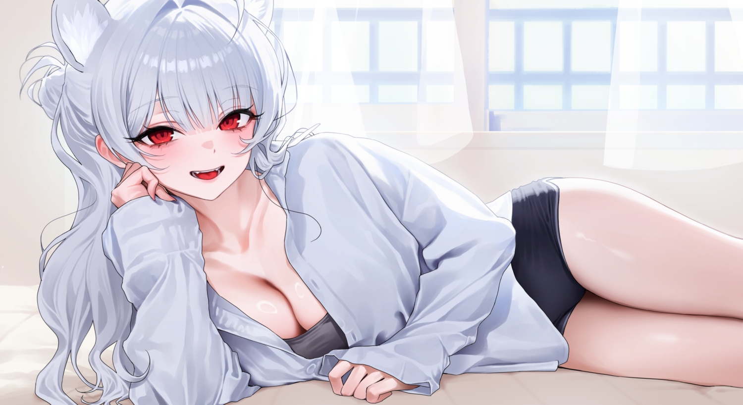 animal_ears, breasts, chano39, cleavage, fang, gray_hair, long_hair, open_shirt