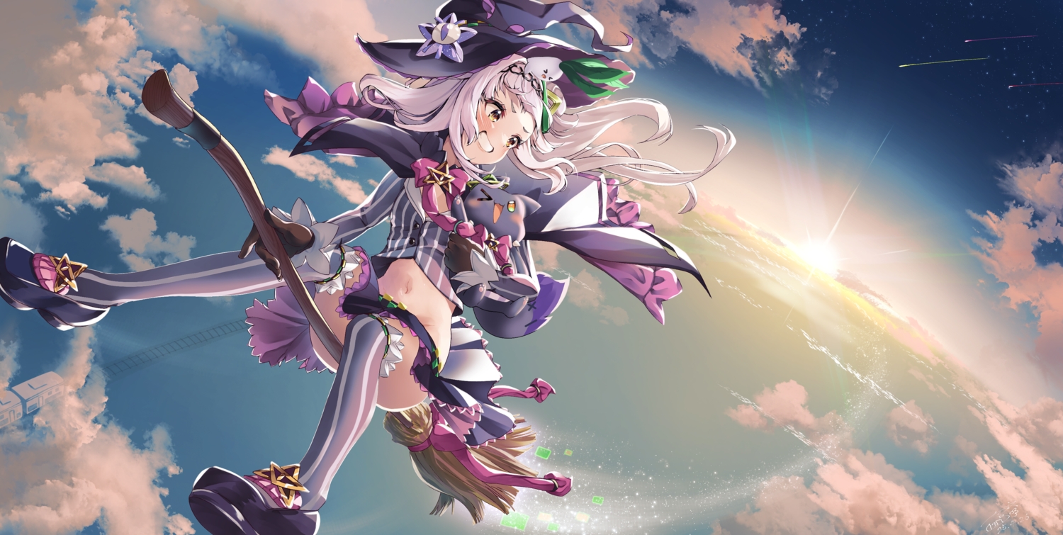 aliasing, blush, bow, cape, clouds, gloves, hat, headband