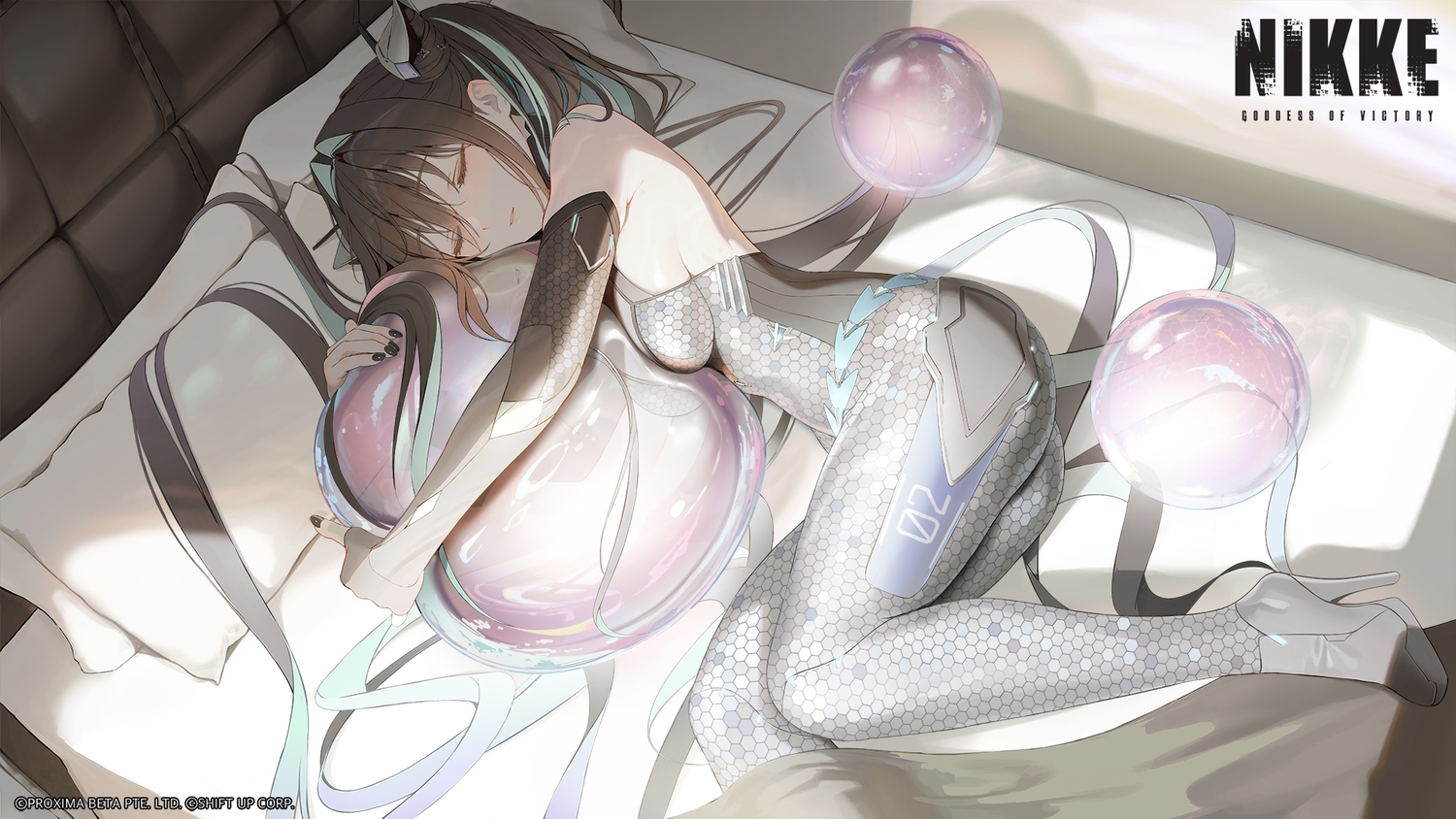 ass, ball, bed, black_hair, bodysuit, breasts, elbow_gloves, gloves