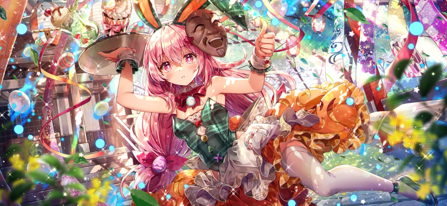 animal_ears, blush, bow, building, bunny_ears, bunnygirl, cherry, drink