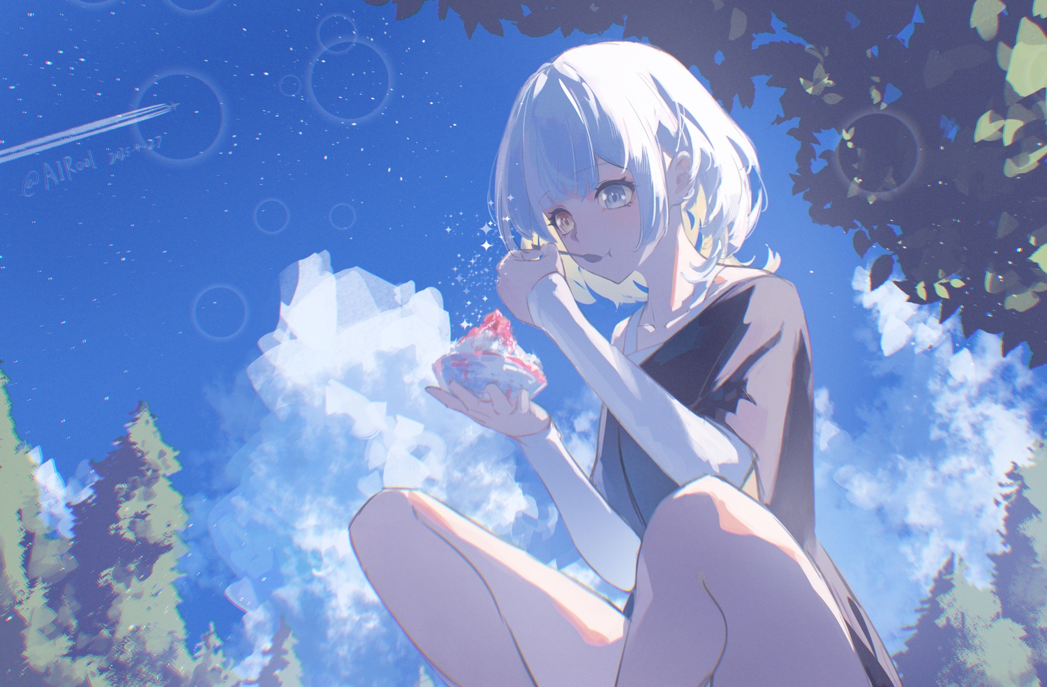 aircraft, airool, bang_dream!, bicolored_eyes, clouds, food, kaname_rana, leaves
