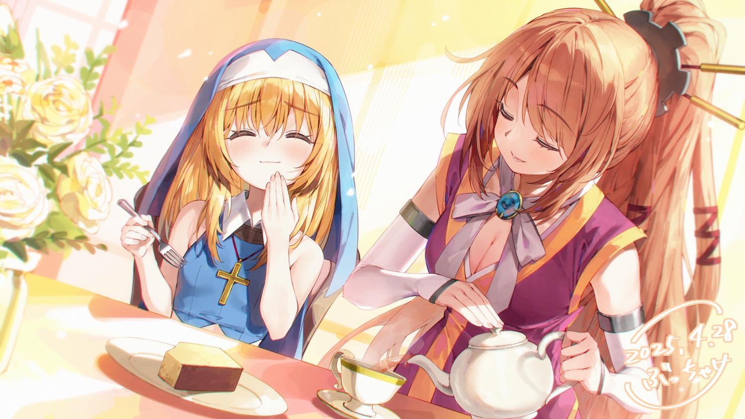 2girls, blonde_hair, blush, bow, breasts, brown_hair, bucchake_(asami), cake, cleavage, cross, drink, flat_chest, flowers, food, headdress, long_hair, necklace, nun, ootomo_sourin, ponytail, ribbons, rose, sengoku_otome, signed, tachibana_dousetsu