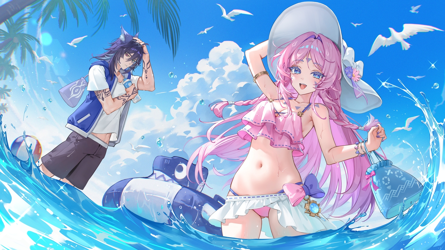 animal, bicolored_eyes, bikini, bird, black_hair, blue_eyes, blush, braids, citlali_(genshin_impact), clouds, genshin_impact, hat, male, navel, ororon_(genshin_impact), pink_hair, rity, sky, swimsuit, tattoo, tree, water, wet, wristwear