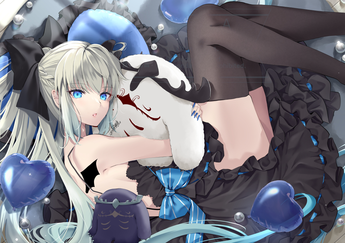akatsuki_hijiri, aliasing, blue_eyes, bow, braids, cernunnos_(fate), dress, fate/grand_order, fate_(series), gray_hair, long_hair, morgan_le_fay_(fate), ponytail, thighhighs, watermark