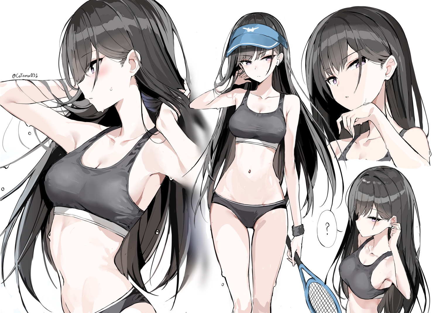 black_hair, breasts, cleavage, cotama, hat, long_hair, navel, original