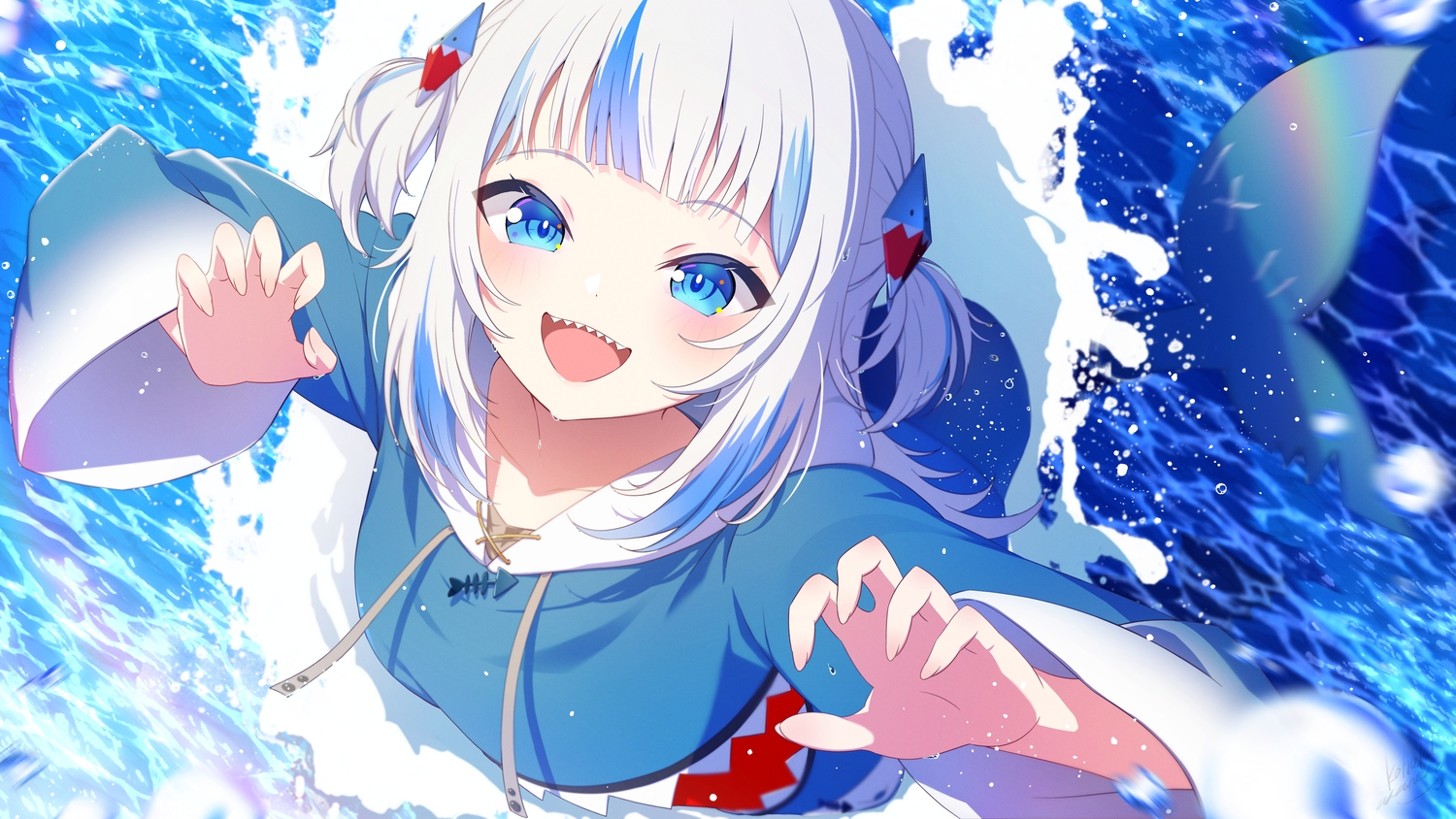 blue_eyes, blush, close, gawr_gura, hololive, hood, nemu_iine, tail, twintails, water, white_hair