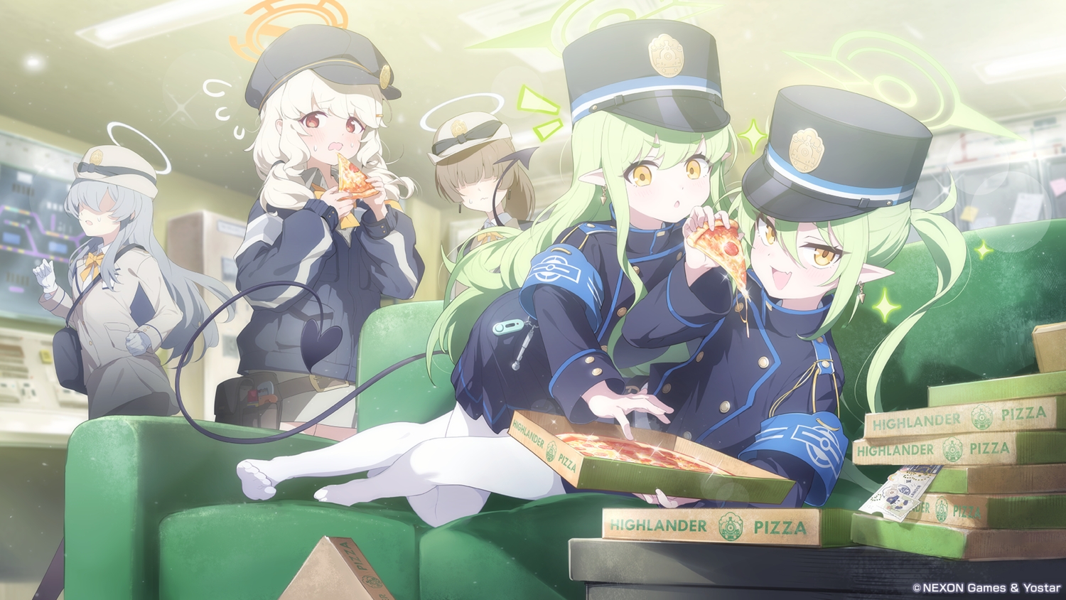 blue_archive, blush, bow, brown_hair, couch, fang, food, gloves