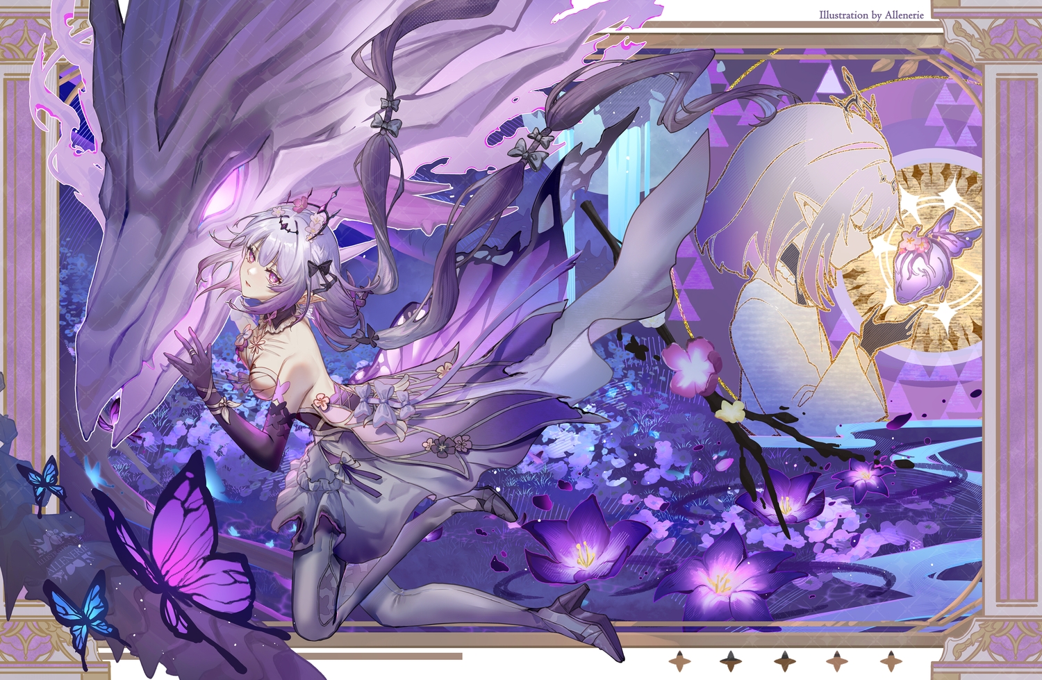 allenerie, bow, breasts, castorice_(honkai:_star_rail), cleavage, dragon, dress, elbow_gloves, flowers, gloves, headdress, honkai_(series), honkai:_star_rail, long_hair, pointed_ears, pollux_(honkai:_star_rail), purple_eyes, purple_hair, short_hair, twintails, watermark