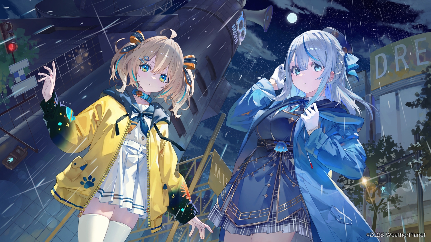 2girls, amagai_ruka, appare_hinata, aqua_eyes, blonde_hair, bow, braids, building, city, clouds, collar, dress, gloves, gray_hair, hat, hood, kobuta, long_hair, moon, night, rain, school_uniform, stars, thighhighs, tree, twintails, waifu2x, water, weather_planet, zettai_ryouiki